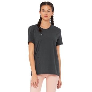 ALO YOGA Anthracite Distress Holes Ripped Tee - Small